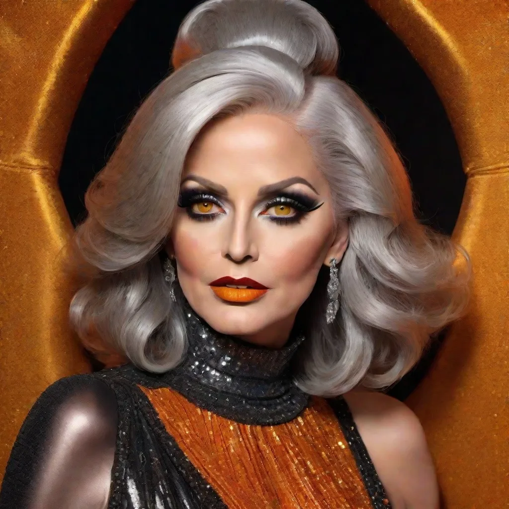 Prompt: image of Michael Douglas dressed as a gorgeous 25-year-old (((full figured))) Czechian drag queen with very long professionally styled Dark orange hair, wearing a flamboyant, yet conservative black yellow and silver Bob Mackie designer Gown, heavy eye makeup,  dark red lipstick, posing in a smokey Cabaret. hyper-realistic quality, ultra-detailed 4K imagery.