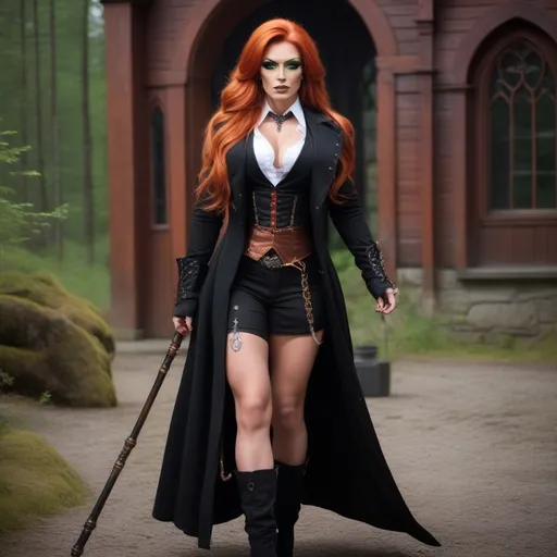 Prompt: A gorgeous ultra-muscular 25-year-old Finnish drag queen bodybuilderwith very long burnt orange hair wearing a long black coat, with a black waistcoat and a white shirt, unbuttoned at the top . She carries a walking cane with a red crystal, round handle. She has green eyes. In the style of gothic & steam punk. She is about 25 years old. wearing a heavy, black coat, black pants, and 8 inch high heel shoes. Composition focus on legs and full-body.