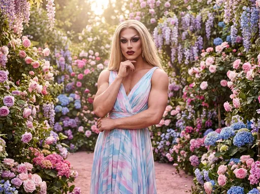 Prompt: Draped in a delicate, pastel-hued dress that swirls with soft blues, pinks, and whites, a muscular 35-year-old Italian drag queen with dark eyeshadow, dark red lipstick, and dark red manicured fingernails gracefully amidst a floral tapestry that bursts with various blooms and colors, creating an enchanting, dreamlike atmosphere. Her long, blonde hair cascades around her shoulders, framing her striking face and captivating, contemplative expression, as she poses with a hand resting thoughtfully on her chin. The scene is bathed in gentle, diffused light, enhancing the ethereal quality of her surroundings while casting a warm glow on her skin. The vibrant flowers, ranging from rich pinks to cool blues, provide a lush backdrop that contrasts beautifully with the simplicity of the pink ground beneath her. Together, these elements evoke a sense of serenity and whimsical elegance, inviting viewers into a moment of reflection and beauty.. 