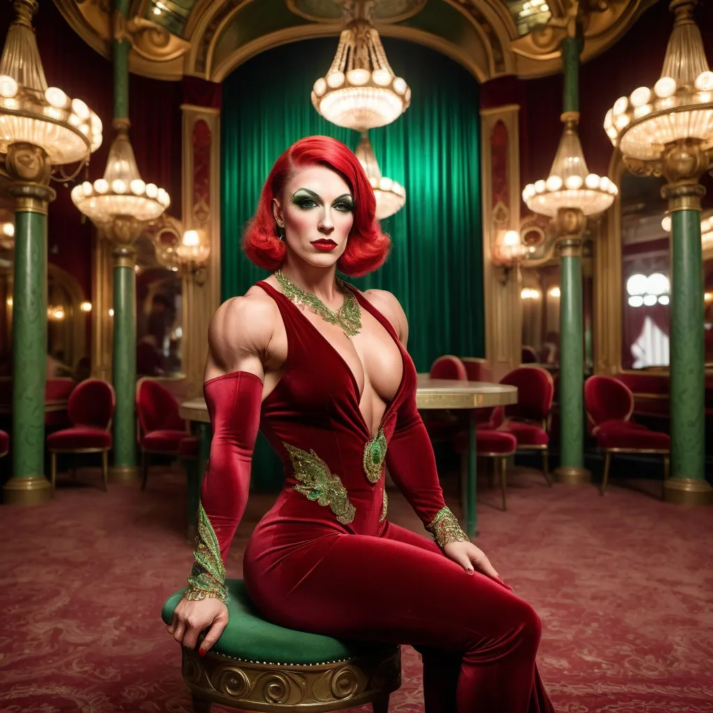 Prompt:  a lonely gorgeous muscular 35-year-old Czechian drag queen bodybuilder ((strong masculine jawline and brow features)) with huge busom sitting in an eerie art nouveau decorated ballroom, in a 1920s red velvet suit, high heel saddle shoes. She has piercing green eyes,  golden brown hair, night, 4k, high quality, a complex stunning portrait of a man with high detail