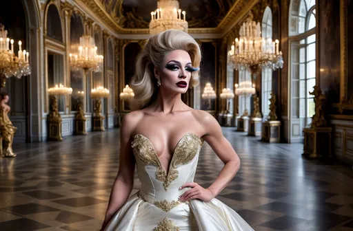 Prompt: High-definition live action digital photograph Design a modern glamorous wedding dress worn by a real life gorgeous French drag queen bodybuilder model, dress to be daring and glamorous and elegant, dark eye makeup, dark lipstick.  Posing in the Palace of Versailles.