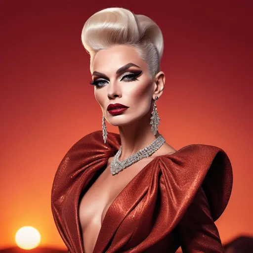 Prompt: A mesmerizing portrait graces the cover of an elite fashion magazine, capturing the essence of high-end sophistication. Set against a sunset-red backdrop, the gorgeous, muscular, Hungarian drag queen (slight masculine jawline and brow features), model exudes confidence and allure, adorned in exquisite fashion garments that epitomize elegance and class. This breathtaking image transcends traditional notions of style, embodying an innovative vision of haute couture that pushes the boundaries of modern aesthetics.