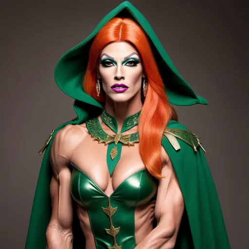 Prompt: If Robin Hood was a gorgeous supermodel drag queen (full length photo) with long muscular legs and a very muscular physique