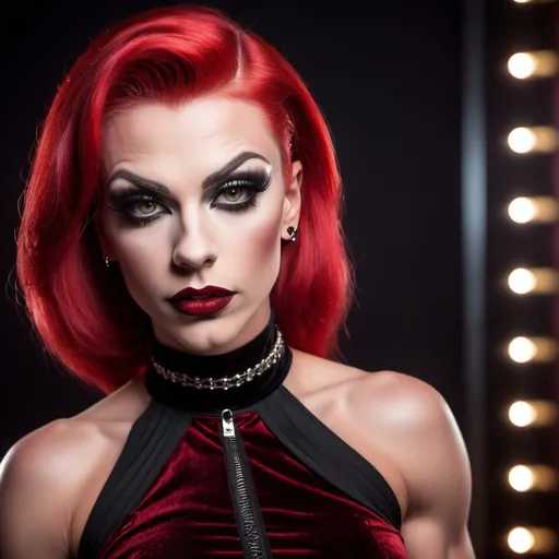 Prompt: a gorgeous muscular 25-year-old Finnish drag queen bodybuilder, mirror behind her. wearing a red goth velvety blouse, and short pleated skirt and black tights. wearing a choker. Dark eye shadow, heavy mascara, dark red lipstick. very attractive. high detail realistic. full body shot, professional photo. Studio lighting, backlit, realistic lighting. hdr uhd 8k ultra-realistic render,  very high detail skin, beautiful face,