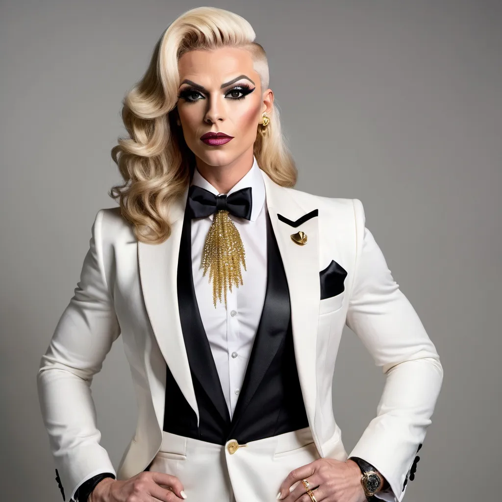 Prompt: A gorgeous muscular 35-year-old Welsh-American drag queen with combed hair and round masculine jawline; wearing a a notch lapel black tuxedo jacket, white wingtip collar tuxedo shirt, white pocket square, gold studs and cufflinks, black bow tie, black tuxedo pants, shiny black stiletto high heel shoes; in an office setting