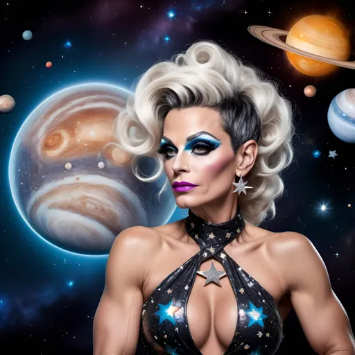 Prompt: Gorgeous muscular 45-year-old French drag queen Goddess with salt and pepper updo hair with stars in her eyes wearing a short flowing star covered halter top gown sitting on a planet looking out into space. Background is the solar system 