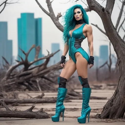 Prompt: Gorgeous muscular bodybuilder futuristic goddess, age 25, big fake busom, long muscular legs, long frizzy teal hair, 8 inch stiletto high heel boots, futuristic clothing, post-apocalyptic town with futuristic tech on a surrounded by dead trees and a futuristic city in the background