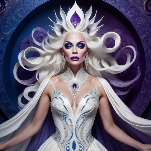 Prompt: Regal drag queen of Chaos, draped in a resplendent white gown with intricate, swirling patterns that shimmer like the sun, set against a backdrop of deep, foreboding blues and purples, evoking a sense of mystique and wonder, with radiant, ethereal light emanating from behind her, casting a halo effect, as if divinity itself had been distilled into her being, her beauty is both captivating and humbling, with delicate, luminous skin and raven tresses that cascade down her back like a waterfall of night, inspired by the dramatic lighting of Caravaggio, the vivid colors of Odilon Redon, and the intricate, symbolic details of H.R. Giger.