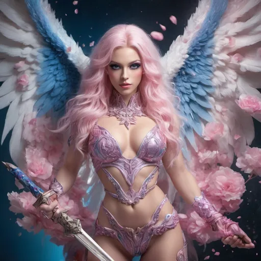 Prompt: A beautiful 25-year-old European drag queen bodybuilder with a sword and large beautiful angel wings of pink fire. She has auras of: dragons, pink petals, blue flowers, and pink thunders. Her feet are beautifully arrayed in blue thigh high boots.