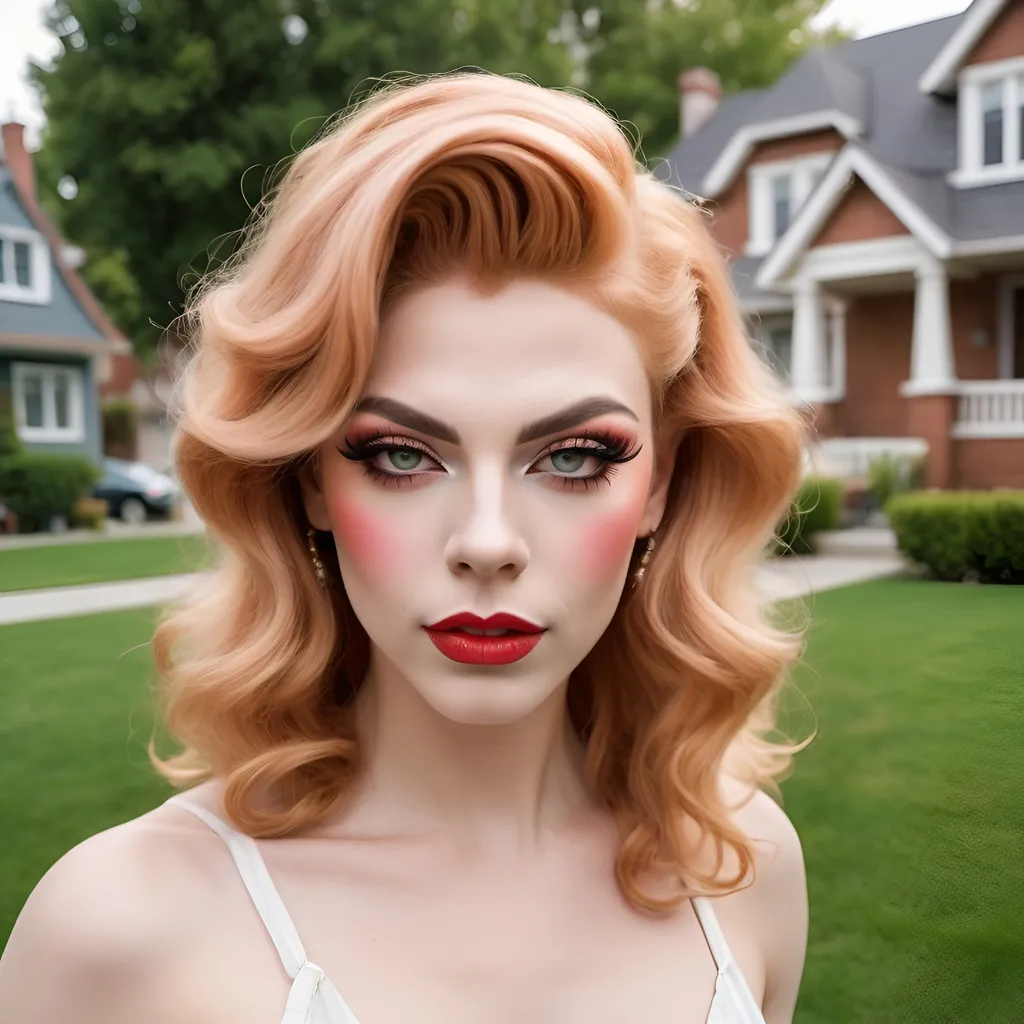 Prompt: Naive, beautiful,  girl-next-door drag queen (strong, masculine jawline and brow) with wavy strawberry-blonde hair, posing on the lawn in a nice neighborhood. 