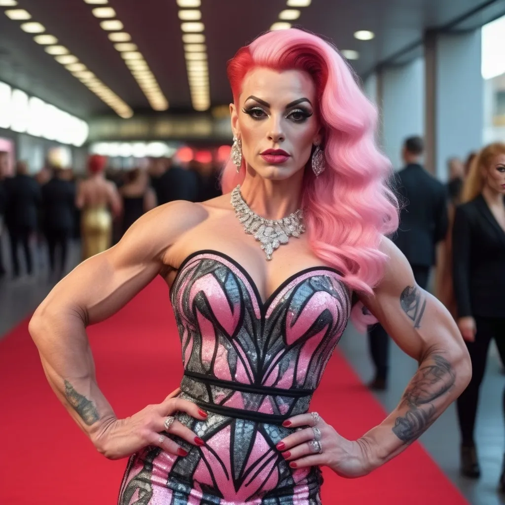 Prompt: Very detailed and hyper realistic full-length photo of a gorgeous  muscular 25-year-old French drag queen bodybuilder with 1950s style pink hair wearing a hyper realistic and very detailed Paco Rabanne dress 64k, ultra hd, 3d quality  500mpx reflex red carpet starirway awards 