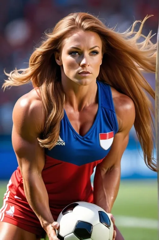 Prompt: Professional sports photography of a tall, gorgeous ultra-muscular athletic 25-year-old Polish goddess bodybuilder with huge busom and ridiculously long wavy auburn hair in a red & blue uniform lining up a soccer penalty shot, long flowing hair, muscular legs, bright sunny day, high-res, detailed muscle definition, focused expression, dynamic action, vibrant colors, sporty, realistic lighting