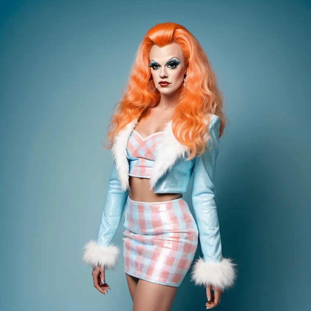 Prompt: A full-length hi-res digital photograph of Graham Norton dressed up as a gorgeous ultra-muscular 25-year-old Czechian drag queen goddess, cute white sparkly bandeau top, light blue furry clubbing jacket, cute light orange and white checked mini skirt, 8 inch stiletto high heel shoes, extremely long light blue wavy hair. Composition focus on full-body and legs.