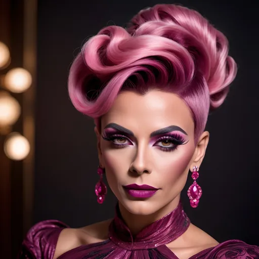 Prompt:  Gorgeous muscular 35-year-old Portuguese drag queen with dark pink updo hair, dark eyeshadow,  dark lipstick, wearing a (elegant dress), (stylish fabric), flowing design, intricate details, luxurious texture, vibrant colors, warm ambiance, (graceful draping), exquisite embellishments, soft lighting, enchanting atmosphere, rich patterns, HD, ultra-detailed, stunning visual composition, ideal for fashion showcase, inviting elegance