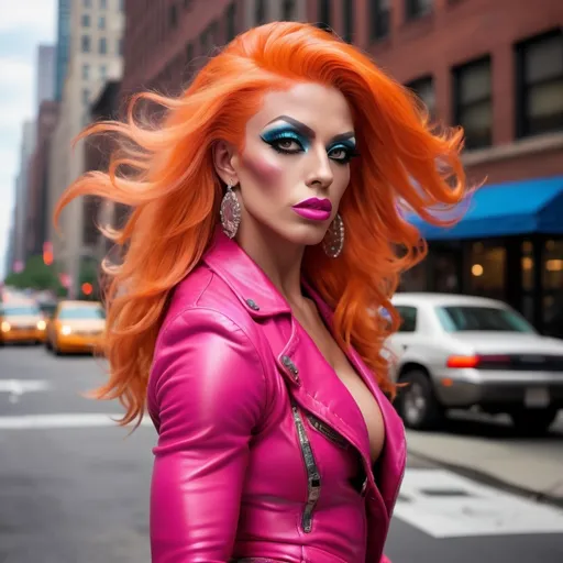 Prompt: Glamour photography of a Gorgeous ultra-muscular 25-year-old Italian drag queen bodybuilder with very long flowing pink hair, in Manhattan, Richard Avedon style, curvaceous, diamond face, muscular physique, neon orange leather jacket, buttoned blouse, miniskirt, 8 inch stiletto high heel fashion boots, dynamic pose, busy streetscape background, high-res, glamorous, urban, fashion photography, vibrant, detailed eyes, dramatic lighting