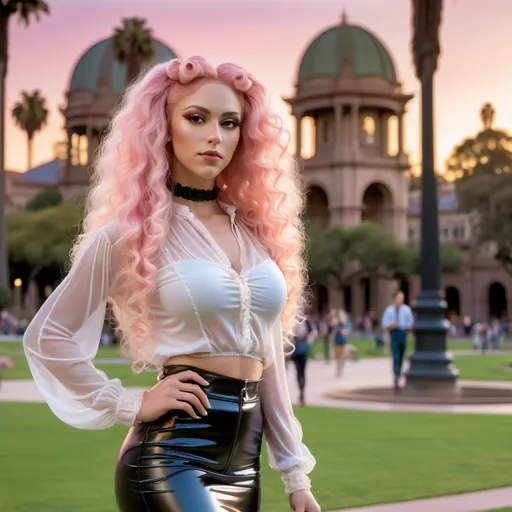 Prompt: Gorgeous muscular 25-year-old Czechian transwoman with long curly pink hair, walking at sunset in San Diego Balboa Park wearing a sheer see through blouse with a long sheer skirt and high heel boots, hair up in a bun, with a choker necklace on, looking to side solemn expression, naughty Victorian style