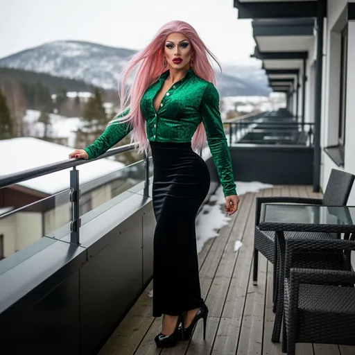 Prompt: Gorgeous 35-year-old Finnish drag queen bodybuilder with very long straight shiny pink hair (blowing in the wind), dark eye shadow, dark red lipstick, wearing black velvet long (ankle high) tight skirt, green crushed velvet button up form fitting jacket, and 8 inch high heel shoes,  standing on the balcony of a hotel in the mountains of Sweden in winter. Composition focus on muscular physique. 