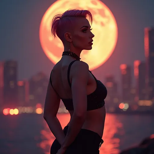 Prompt: (Cyberpunk aesthetic), (gorgeous, masculine, muscular 25-year-old Czechian drag queen bodybuilder), (asymmetric haircut), (heavenly beauty), showcasing (perfect anatomy), arms elegantly tucked behind her back, bathed in radiant (golden moonlight), at a dreamy (moonlit night), vivid neon cityscape in the background, rich contrasts of warm tones and cool hues, ultra-detailed, capturing an ethereal yet modern vibe, visually striking and enchanting.