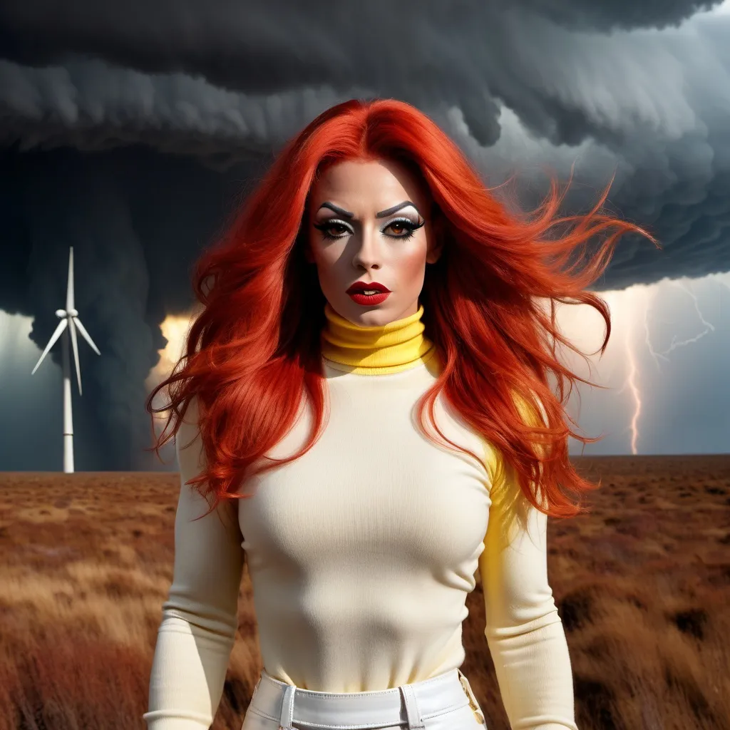 Prompt: Gorgeous ultra-muscular 25-year-old French drag queen bodybuilder with very long wavy bright red hair (((blowing in the wind))) wearing yellow turtleneck sweater and white leather pants, is standing on the edge of oblivion, a mushroom cloud in the distance. A stormy sky and lightning is overhead.