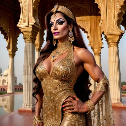 Prompt: A breathtakingly beautiful, muscular 35-year-old Pakistani drag queen bodybuilder princess from ancient times, standing gracefully in the majestic palace of the Taj Mahal. She wears an opulent, traditional Mughal-era royal outfit, intricately embroidered with gold and encrusted with precious gemstones. Her flowing silk dupatta shimmers under the soft moonlight, casting a mystical glow. Delicate henna patterns adorn her hands, and exquisite jewelry—bejewelled maang tikka, heavy gold necklaces, and shimmering bangles—enhance her regal elegance.

The palace is bathed in a dreamy, ethereal light, with the marble reflecting hues of silver, gold, and soft pastels. Floating flower petals drift through the air, carried by a gentle, unseen breeze. The atmosphere is infused with an enchanting, fairytale-like glow, as if the scene exists between dreams and reality. Wisps of golden mist swirl around her feet, and the sky above is illuminated by a crescent moon and twinkling stars. In the background, the silhouette of the Taj Mahal stands majestically, its domes glowing under the celestial light. The entire scene radiates an aura of romance, mystery, and divine elegance, as if touched by the gods themselves.
