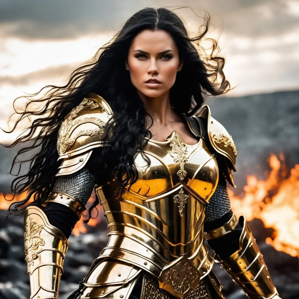 Prompt: Gorgeous ultra-muscular 25-year-old Swedish goddess with huge busom and ridiculously long wavy black hair, dressed as a warrior princess in complete shimmering golden steel armor and a gleeming golden longsword in the midst of a bloody and fiery battle.