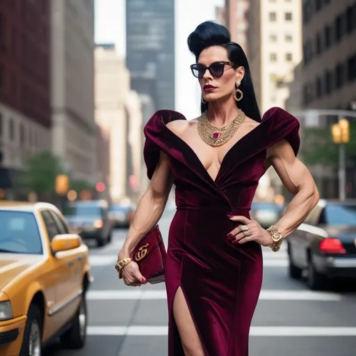 Prompt: Create a realistic depiction of a gorgeous  muscular 35-year-old Swedish drag queen bodybuilder with black hair dressed in Gucci Complete Woman Day Look, New York City streets, sophisticated velour fashion, rich burgundy shades, vibrant urban backdrop, stylish accessories, confident pose, elegant details, soft sunlight enhancing textures, high fashion ambiance, chic metropolitan vibe, ultra-detailed, 4K quality, modern luxury atmosphere, urban sophistication, fashion-focused.