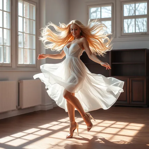 Prompt: A gorgeous ultra-muscular 25-year-old Polish drag queen in a flowing sheer white dress and 8 inch stiletto high heel shoes is dancing gracefully in the middle of a sunlit room. Her long hair moves with every twirl and leap, creating a beautiful cascade of motion. The sunlight streaming through the windows highlights her movements, casting soft shadows on the floor. Her expression is one of pure joy and freedom as she loses herself in the rhythm of the music, spinning and leaping with effortless grace.