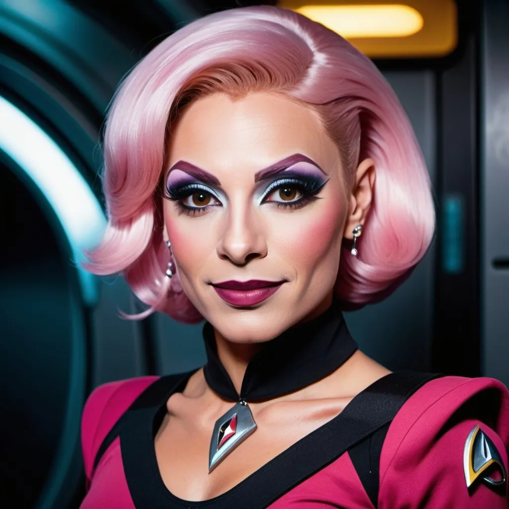 Prompt: Gorgeous ultra-muscular 25-year-old Czechian drag queen, Star Trek Uniform, harness:1.4, full lips, short swept over pink hair, heavy mascara, dark eyeshadow, dark red lipstick, Bridge Command Center Background, instagram pose, smiling, raw photo, sharp focus on eyes, film grain, magazine cover, high quality, clothing details, fine fabric, full body, art student, (official art, extremely detailed CG unity 8k wallpaper), beautifully detailed eyes, detailed fine nose, detailed fingers, (8k), (best quality), ( masterpiece:1.2), (realistic), ( photorealistic:1.57), extremely detailed handsome gentlebeing, couture, magazine cover, textless, high quality, clothing details, fine fabric, full body, 8k, cinematic lighting (high detailed skin:1.1) ,Enhance,Golden Inspiration