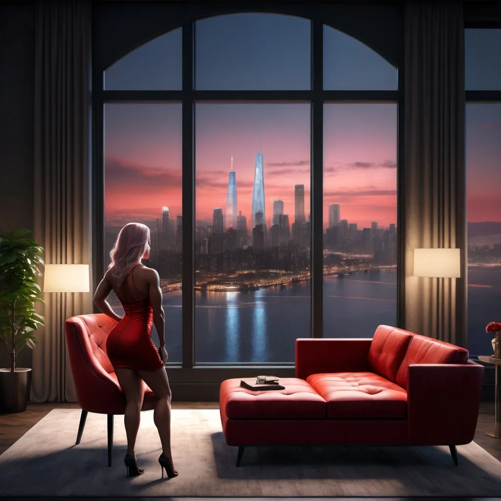 Prompt: a living room with a large window overlooking a city skyline at night time with a couch and chairs in front of a large window, Alena Aenami, photorealism, unreal engine render, a digital rendering, a beautiful muscular French drag queen bodybuilder in short office dress stands by the bay window and looks out, a digital hi-res hyper-realistic photograph, long red straight hair, high definition, sunlight, 8k, 4k, arabesque, 