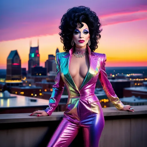 Prompt: Prince dressed as a 25-year-old gorgeous drag queen Dolly Parton posing on the ledge of a building, high above Nashville.