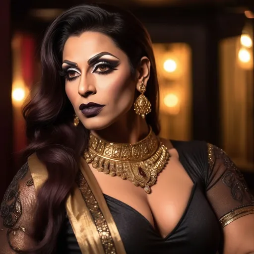 Prompt: Gorgeous muscular 35-year-old Pakistani drag queen bodybuilder (with drag queen facial features, dark lipstick, large busom, dark blonde hair) in mesh saree, gold detailed blouse, high quality, Indian art style, warm tones, intricate jewelry, traditional setting, atmospheric lighting