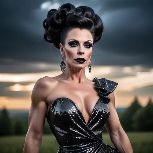 Prompt: Gorgeous muscular 35-year-old Czechian drag queen with long black flowing updo hair, dark eyeshadow and dark lipstick, long flowing sequined gown, romantic outdoor setting, dramatic sky, An ultra-realistic photograph captured with a Sony α7 III camera, equipped with an 85mm lens at F 1.2 aperture setting,  The image, shot in high resolution and a 16:9 aspect ratio, captures the subject’s natural beauty and personality with stunning realism –ar 16:9 –v 5.2 –style raw