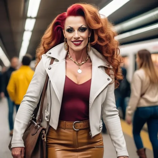 Prompt: Create a digital photograph of a beautiful stylish 35-year-old German drag queen bodybuilder (((with strong masculine jawline and brow))), with big busom and very long curly dark red hair hazel-eyed, white leather jacket, yellow sweater, khaki skirt, brown leather boots, leather handbag, smiling, huge busom, muscular figure, walking in crowded subway station, 8k photo, graceful movement, active scene, highres, detailed, elegant, urban, warm lighting