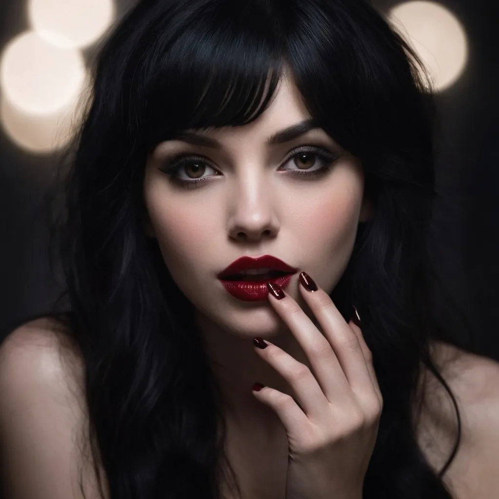 Prompt: Dark black hair and ruby lips, sparks fly from her fingertips. Echoed voices in the night.
She's a restless spirit on an endless flight.