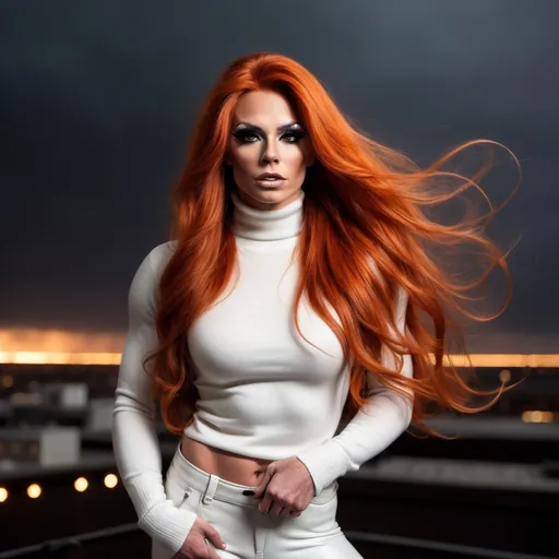 Prompt: Gorgeous ultra-muscular 25-year-old Finnish drag queen bodybuilder with very long wavy dark orange hair (((blowing in the wind))) wearing white turtleneck sweater and black leather pants, is standing on the edge of oblivion, a dark chasm filled with sparkling lights. A stormy sky is overhead.