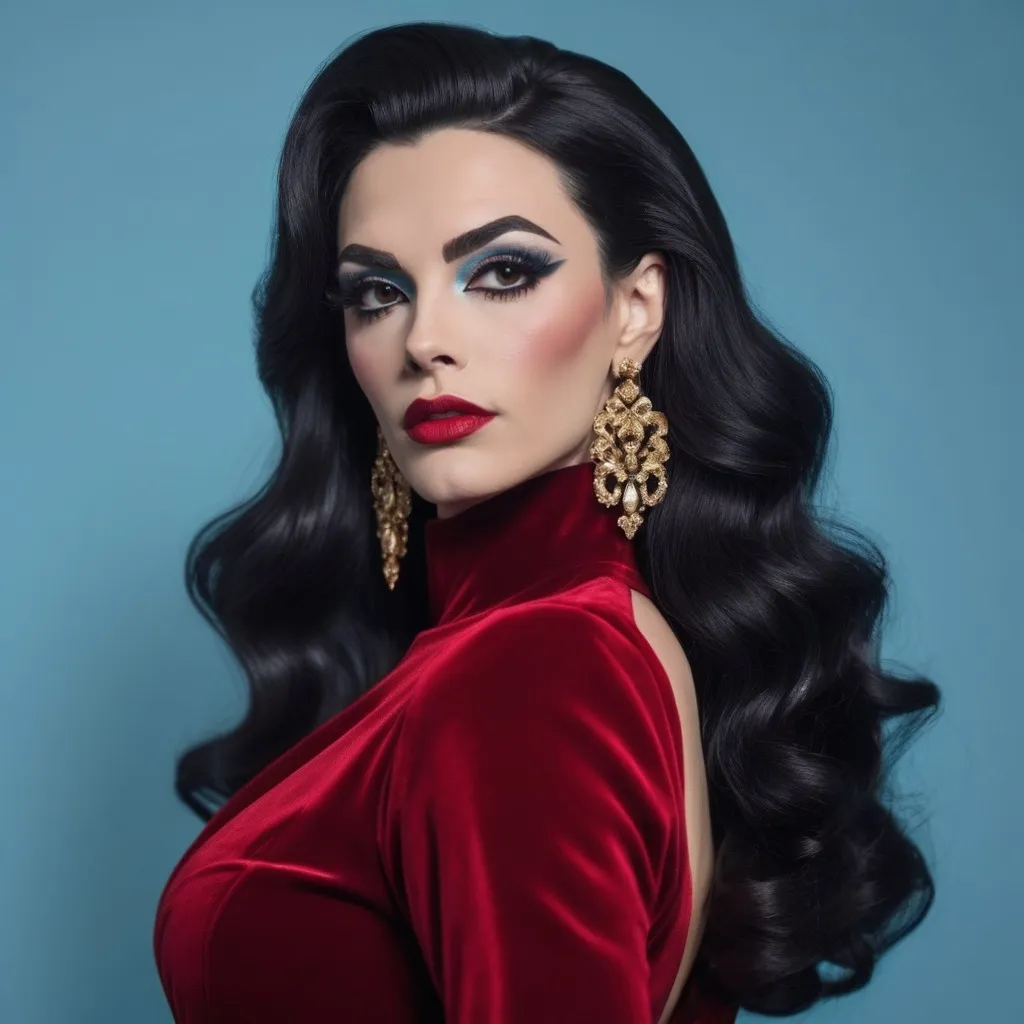 Prompt: a British drag queen (with very strong masculine jawline and brow facial features) with long shiny black hair wearing red velvet dress and earrings, posing for a picture with a blue background, Elina Karimova, rococo, elegance,  photorealistic