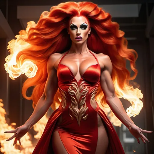 Prompt: Gorgeous ultra-muscular 25-year-old Finnish drag queen bodybuilder with ridiculously long flaming fiery hair, {{ultra definition, concept art, cinematic, epic 4K masterpiece}
a goddess of fire, fiery hair, fieryb eyes, surrounded by fire, tall and evil,
{clothes] red fiery dress, mythology, full body, 8 inch stiletto high heel shoes, highly detailed, digital photography, artstation, concept art, smooth, sharp focus, illustration, 4k,