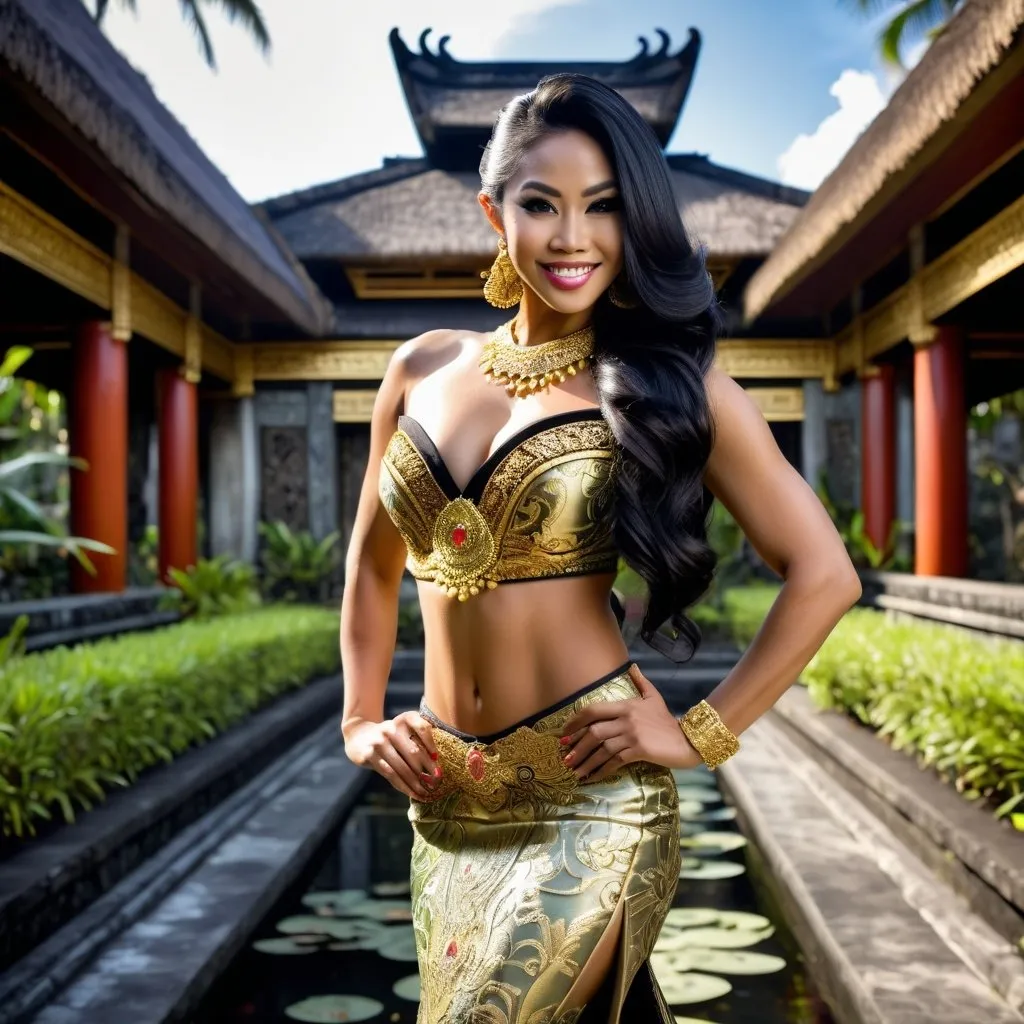 Prompt: Gorgeous ultra-muscular 25-year-old Balinese princess bodybuilder fashion shot in regal avant-garde Kebaya Bali, regal smile, flirtatious, huge busom and ridiculously long shiny black hair, wearing Balinese traditional gold accessories and dress, 8 inch stiletto high heel shoes, lush Balinese landscape and Balinese palace background, intricate Balinese scripture on the walls, backed by traditional Balinese dancers, extra high details, superb unreal rendering, panoramic, atmospheric, ultra HDR, vivid, depth of field, bokeh, ultra realistic appearance, life like appearance, 64 megapixels, moody, romantic