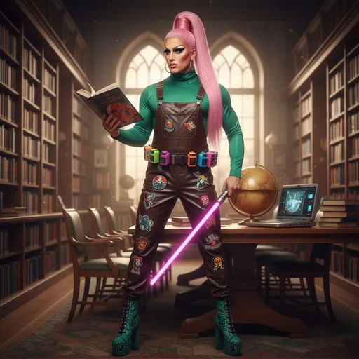 Prompt: Gorgeous, muscular 35-year-old nerdy drag queen with long pink high & tight ponytail,((strong masculine jawline and brow features)), creased wrinkled shiny leather bib overalls with turtleneck, standing in a college library. 