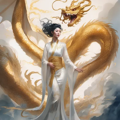 Prompt: Intricate full-length portrait of a Chinese dragon radiating power with golden, shimmering scales, arched gracefully, muscular 30-year-old Japanese drag queen bodybuiler, flowing white robes beside, wings massive and outstretched, serene, warm, tranquil ambiance, soft watercolor aesthetic, dragon and angel as focal points, harmony of contrasting yet complementary natures, art by Stanley Artgerm Lau, Charlie Bowater, Atey Ghailan, Mike Mignola