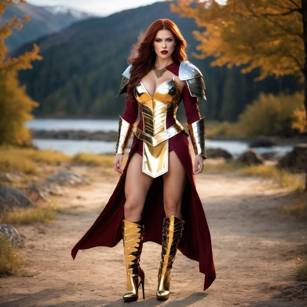 Prompt: Tall, gorgeous, ultra-muscular muscular, 25 year old goddess, (masterpiece:1.2, best quality:1.2, high quality, highres:1.1), (Best Quality), ((Photo Realistic)), (Full body portrait), ((Professional photography)), Norwegian warrior queen, layered dark red hair, black eye shadow, dark red lips, huge busom, intricate armored battle dress, thigh-high 8 inch stiletto high heel boots, ((intense metal reflections)), outdoors, gold, angelic armor and leather, professional lighting, blurry background, soft focus