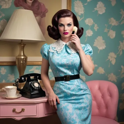 Prompt: A gorgeous muscular 25-year-old French drag queen bodybuilder with huge busom, elegantly transformed into a modern-day Stepford Wife with a twist of retro glamour. She stands poised in a vibrant, 1950s-inspired setting, with immaculate wallpaper in bold geometric patterns and furniture that whispers of mid-century charm. Her hair is styled in a bouffant masterpiece, a towering testament to the era's hairstyling prowess. The bouffant is voluminous and perfectly coiffed, with a sleek side part that frames her face, while the top layer is artfully teased and sprayed to maintain its gravity-defying form. Her makeup is flawless, with winged eyeliner that sharply contrasts her doe-like eyes and a shade of pink lipstick that complements her porcelain skin. She wears a fitted A-line dress in a vivid shade of cerulean blue, cinched at the waist with a thin black belt, showcasing the feminine silhouette popularized in the period. The dress is adorned with delicate white lace at the collar and cuffs, adding an element of innocence to her otherwise commanding presence. Her smile is enigmatic, hinting at the underlying strength and wit she is known for in her acting roles. In one hand, she holds a vintage rotary phone, the receiver tucked under her chin as if in the midst of a gossip-filled conversation with an unseen neighbor. In the other hand, she clutches a feather duster, a nod to the domestic duties typically associated with the Stepford Wives. However, her posture and the glint in her eye suggest a subversion of the role, as if she is in on the joke, a modern woman in a classic guise. The scene is bathed in a soft, warm light that casts playful shadows across the room, creating an atmosphere that is both inviting and slightly unsettling. The vivid colors and sharp focus on her impeccable appearance draw the viewer in, while the subtle nods to the original Stepford Wives storyline add an intriguing layer of depth to the photograph.