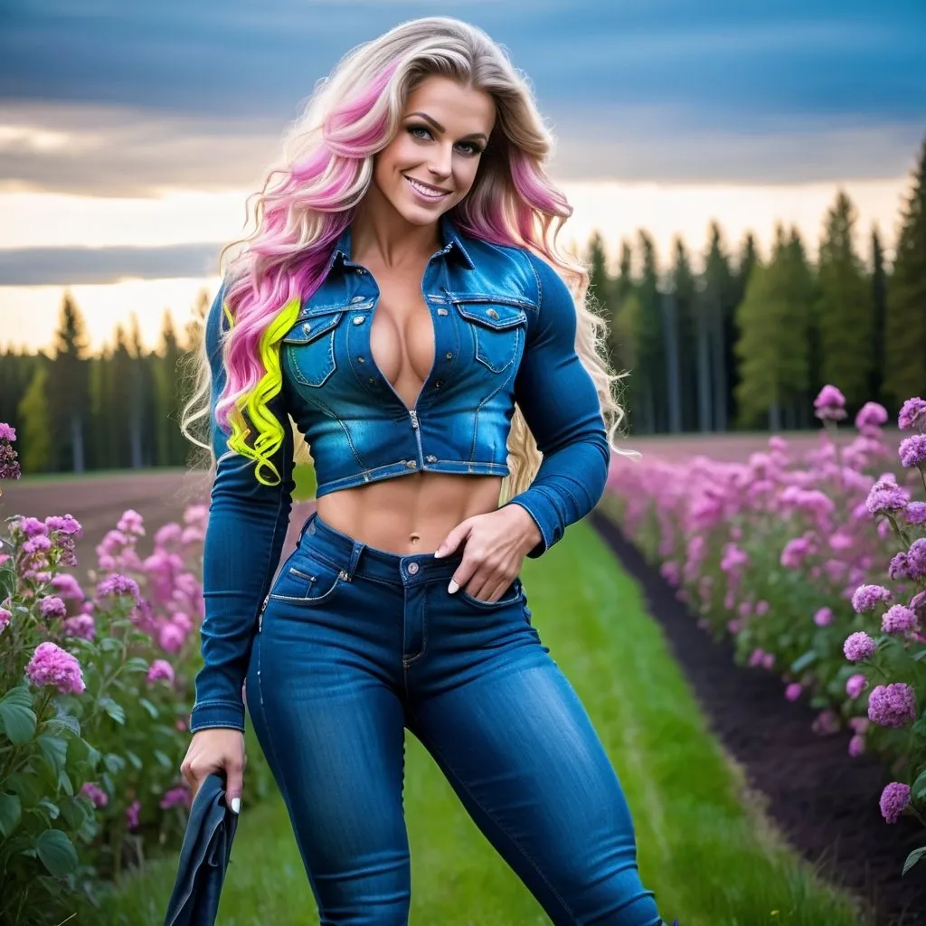 Prompt: Gorgeous ultra-muscular 25-year-old Finnish goddess bodybuilder with huge busom and ridiculously long wavy pink hair wearing denim jacket smiling shyly long hair black shirt skintight blue jeans tucked into thigh-high ultra-high-heel boots stiletto heels in pastoral scene