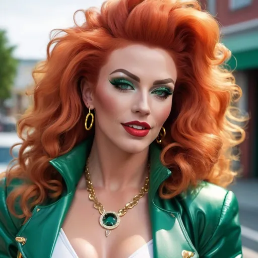 Prompt: Gorgeous ultra-muscular 25-year-old Finnish drag queen bodybuilder with huge busom, ((ridiculously long thick curly teased red hair)) and emerald green eyes, mint 80s style jacket with sleeves rolled up, yellow blouse, white denim shorts, white stiletto high heel sneakers, detailed oval face, gold pendant with sapphire gem, (head tilted back, laughing) Patrick Nagel style, high-res, realistic digital render, 8k photographic image, detailed eyes, professional, atmospheric lighting, fashionable, 80s retro, vibrant colors, classic car backdrop, bosomy physique