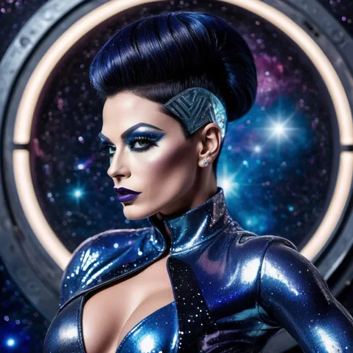 Prompt: Gorgeous muscular 35-year-old Romanian drag queen bodybuilder (with large busom, dark eyeshadow,  dark lipstick,  and short sassy black hair), in a Chanel outer space look, (high fashion) in a cosmic setting, (futuristic) garments with glittering textures and unique cuts, stars and planets sparkling in the background, (deep blue and silver tones) creating a dreamlike atmosphere, dramatic lighting that highlights intricate details of the clothing, (elegant) poses showcasing style, (ultra-detailed) and vivid imagery, atmosphere as if in an interstellar boutique.