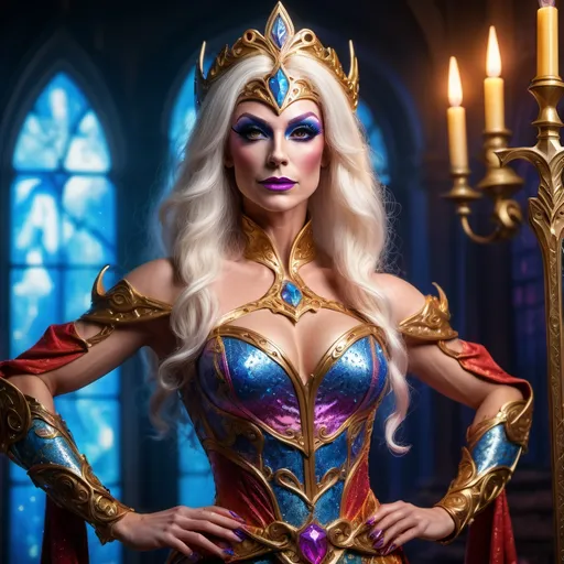 Prompt: Fairytale hero for hire, gorgeous muscular 35-year-old British drag queen sword maiden, cinematic, highly detailed, magical realism, enchanting atmosphere, luminous lighting, vibrant colors, whimsical and adventurous, dynamic pose, intricate costume design, glowing fairytale creatures, ultra-detailed, high resolution, 4K, professionally rendered