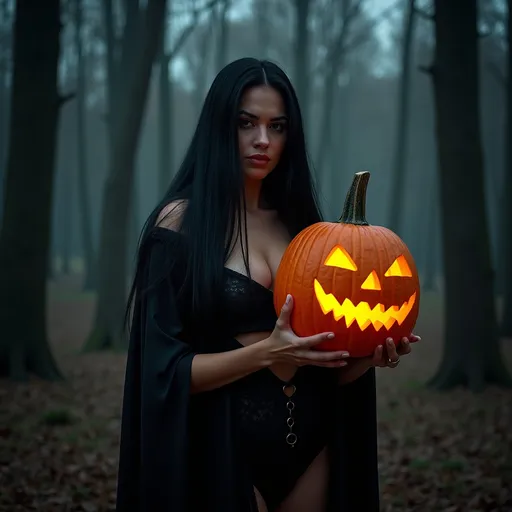 Prompt: Gorgeous ultra-muscular 25-year-old Dutch drag queen bodybuilder witch with straight shiny very long black hair holding jack-o-lantern in a spooky forest at night.