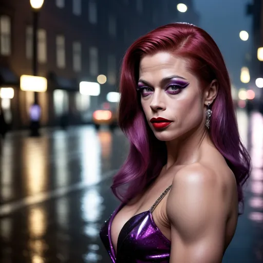 Prompt: Young Brad Pitt dress as A hyper realistic flawless 25-year-old gorgeous Austrian drag queen bodybuilder with straight violet shiny hair walking the streets as a classy debutante on a dark and rainy night. Heavy eye makeup. Dark red lipstick.