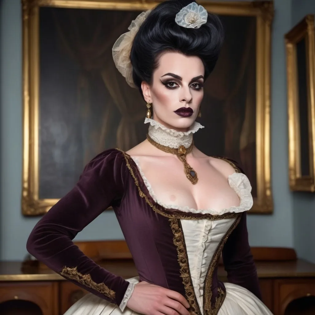 Prompt: A gorgeous muscular 25-year-old French drag queen (with large busom, dark eye makeup, dark lipstick, and strong masculine jawline and brow facial features) regency era noblewoman in aristocratic attire