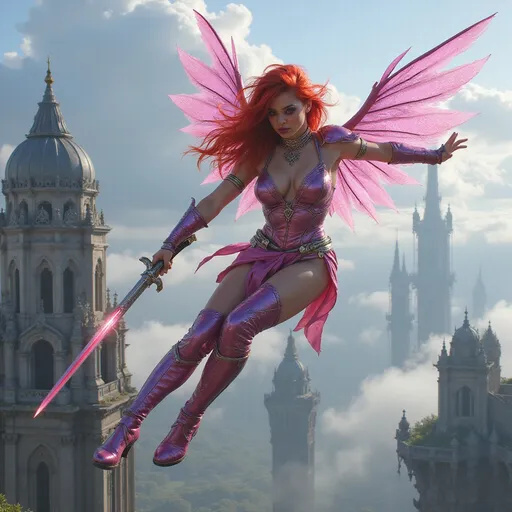 Prompt: A photorealistic image of a Gorgeous ultra-muscular 40-year-old drag queen Sky Elf fighter, a lithe and agile warrior with flowing bright red hair and iridescent pink wings, dark eye makeup and dark lipstick, in mid-battle amidst the floating islands of their sky city. The Sky Elf fighter, clad in sleek, shimmering armor that catches the light, wields dual blades with unmatched speed and precision. Their movements are a blur as they attack with the swiftness of the wind, the blades cutting through the air with ease. The scene captures the dynamic motion of combat, with the fighter executing a swift aerial maneuver, their wings catching a gust of wind that propels them forward. In the background, the floating city with its grand, airy architecture is partially shrouded in mist, giving a sense of otherworldly elevation. Art styles: photorealism, action, fantasy. Lighting: natural daylight, dynamic shadows. Camera: wide-angle action shot. Resolution: 8k, ultra-detailed.